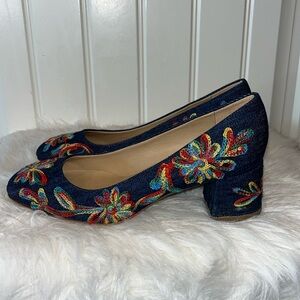 Sesto Meucci of Florence blue denim pump shoe embroidered flowers artsy boho 8
